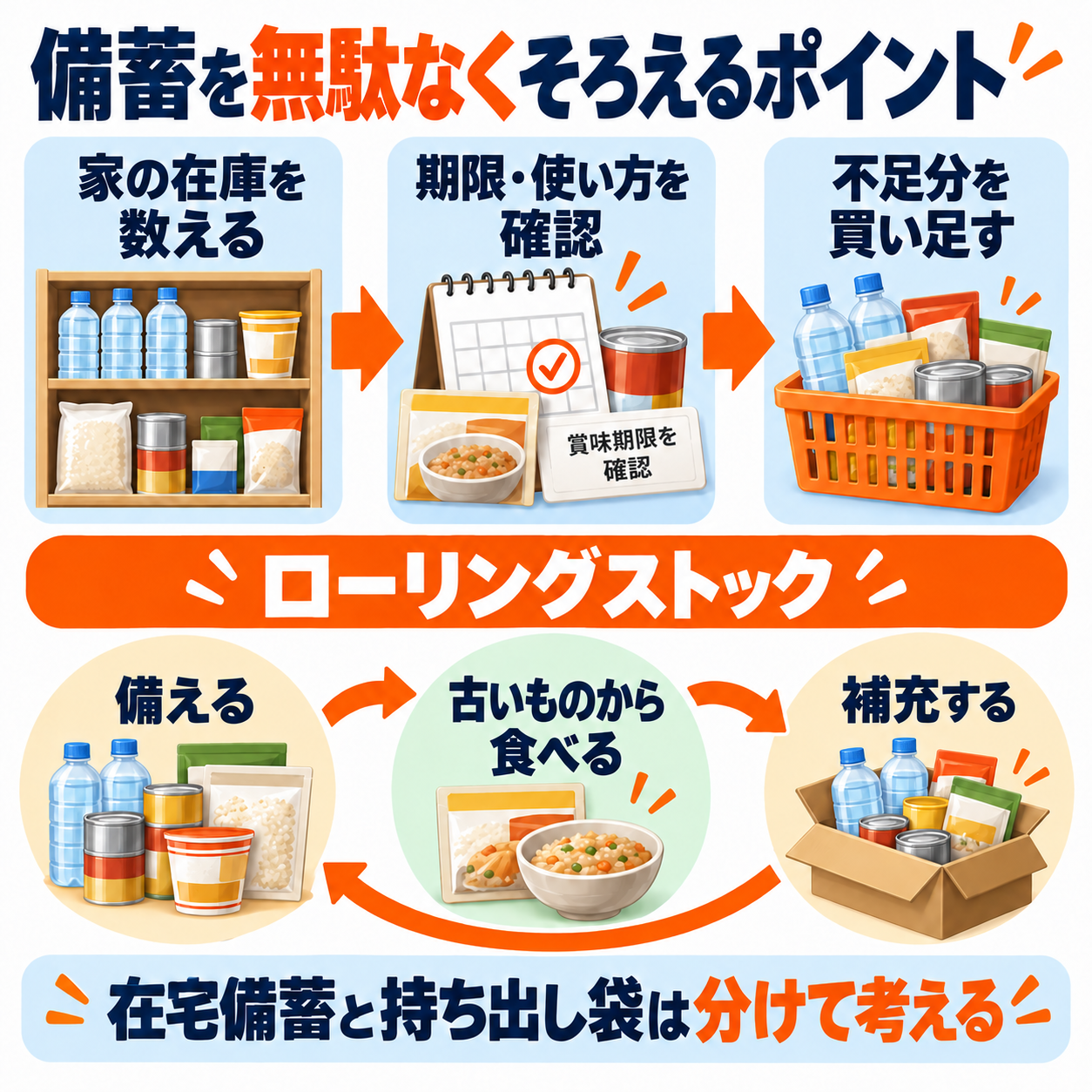在庫確認から買い足す流れと、備える・食べる・補充する循環